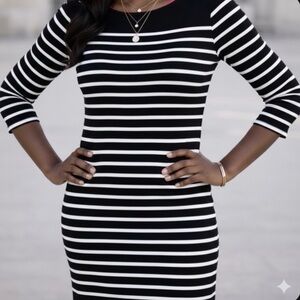 Ralph Lauren Knit Sweater Dress Women Medium Stripe Black/White 3/4 Sleeves